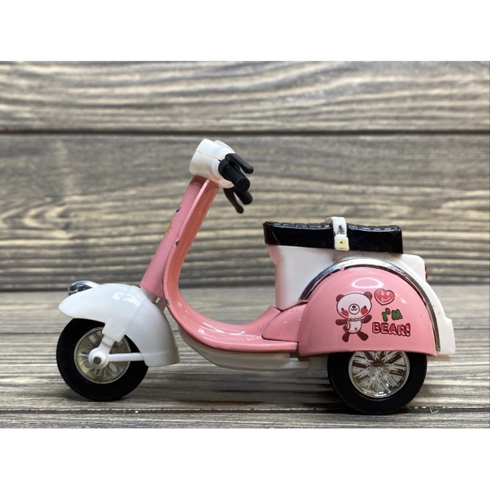 Vintage Pull Back Pink White Scooter Tricycle Panda BearLogo Metal Plastic 3"